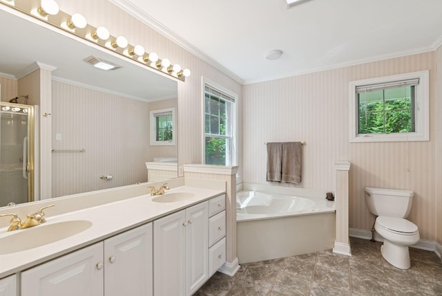 61 Crestview Ln, Brunswick, ME 04011 - full bath with ornamental molding, a bath, double vanity, and a shower stall