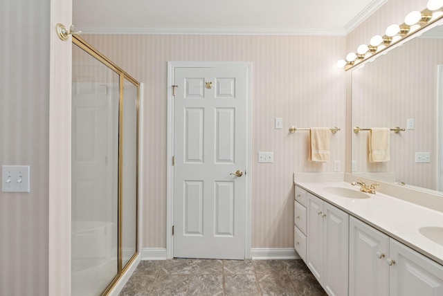 61 Crestview Ln, Brunswick, ME 04011 - full bathroom with ornamental molding, double vanity, a shower stall, and wallpapered walls