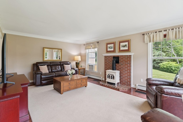 61 Crestview Ln, Brunswick, ME 04011 - living room with a wood stove, a baseboard radiator, ornamental molding, and wood finished floors