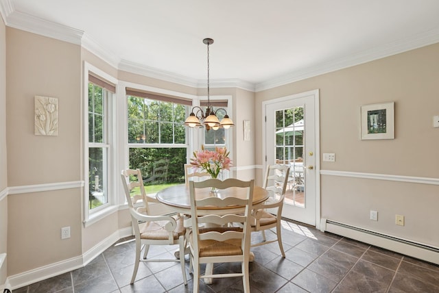61 Crestview Ln, Brunswick, ME 04011 - dining room with a baseboard radiator, healthy amount of natural light, crown molding, a chandelier, and dark tile patterned flooring