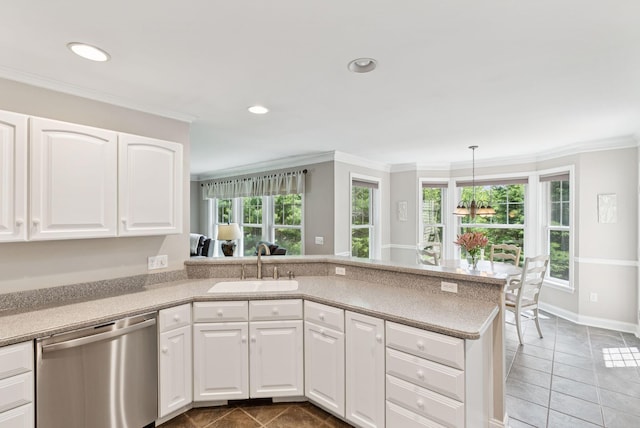 61 Crestview Ln, Brunswick, ME 04011 - kitchen featuring dishwasher, white cabinetry, light tile patterned floors, ornamental molding, and recessed lighting