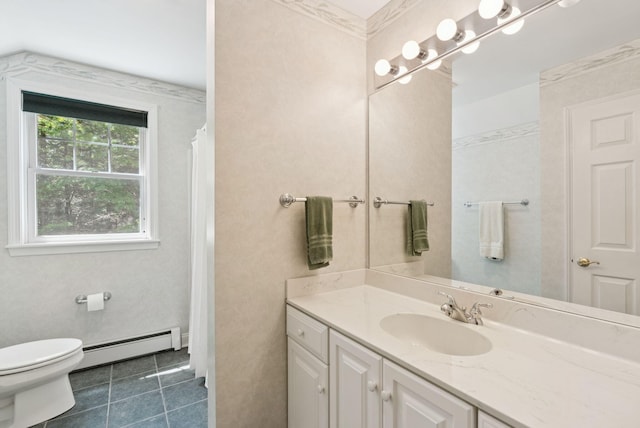 61 Crestview Ln, Brunswick, ME 04011 - full bath with baseboard heating, vanity, tile patterned floors, and a shower with curtain