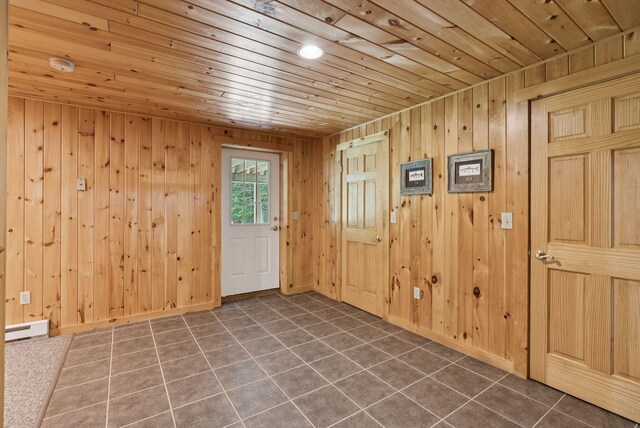 61 Crestview Ln, Brunswick, ME 04011 - unfurnished room with a baseboard heating unit, wood ceiling, dark tile patterned floors, wood walls, and a smoke detector