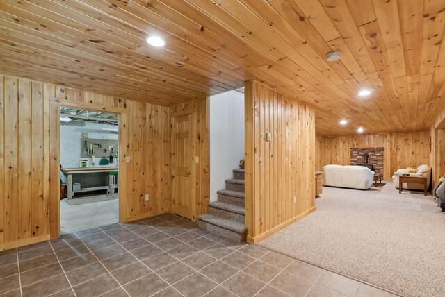 61 Crestview Ln, Brunswick, ME 04011 - tiled bedroom with wooden walls, recessed lighting, wood ceiling, and carpet flooring