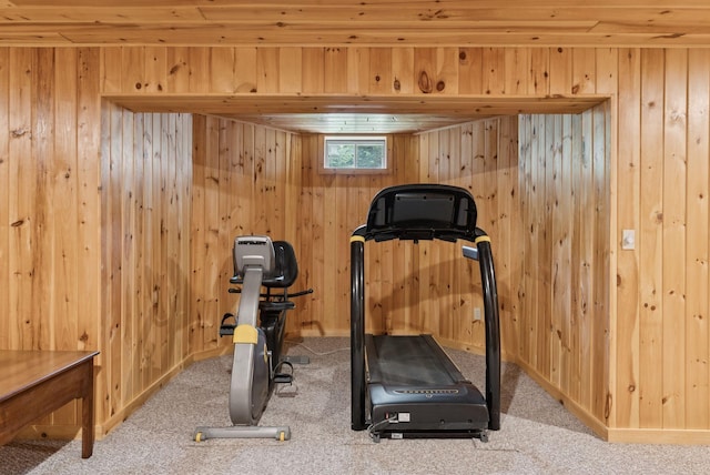 61 Crestview Ln, Brunswick, ME 04011 - workout area featuring wooden walls, carpet flooring, and wood ceiling