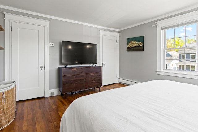 797 Main St, South Portland, ME 04106 - bedroom with a baseboard radiator, dark wood-type flooring, ornamental molding, and baseboards