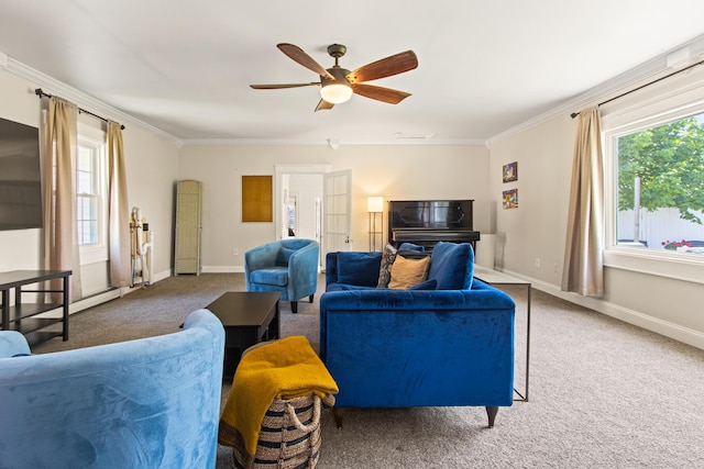 797 Main St, South Portland, ME 04106 - carpeted living room with healthy amount of natural light, ornamental molding, a ceiling fan, and baseboards