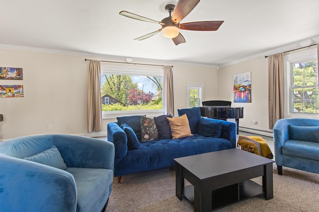 797 Main St, South Portland, ME 04106 - living area featuring a baseboard heating unit, carpet flooring, ornamental molding, and a ceiling fan