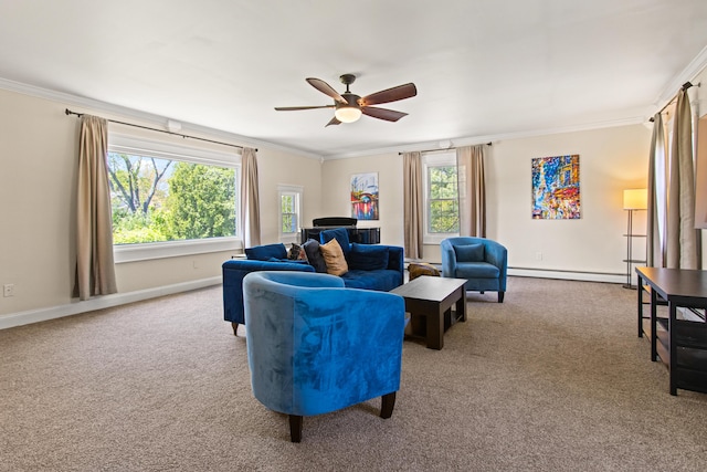 797 Main St, South Portland, ME 04106 - carpeted living area featuring ornamental molding, a baseboard heating unit, ceiling fan, and baseboards