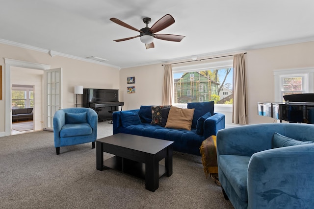 797 Main St, South Portland, ME 04106 - living room featuring crown molding, a ceiling fan, and carpet flooring
