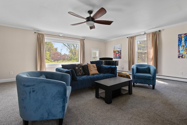 797 Main St, South Portland, ME 04106 - carpeted living room featuring crown molding, a ceiling fan, healthy amount of natural light, a baseboard heating unit, and baseboards