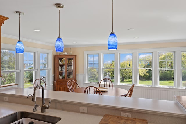 14 Merriconeag Ln, Harpswell, ME 04079 - kitchen with a sink, pendant lighting, recessed lighting, wainscoting, and crown molding