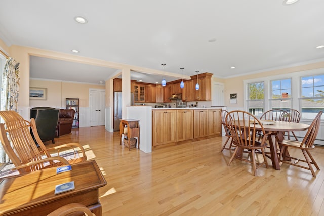 14 Merriconeag Ln, Harpswell, ME 04079 - dining room featuring crown molding, light wood finished floors, and recessed lighting