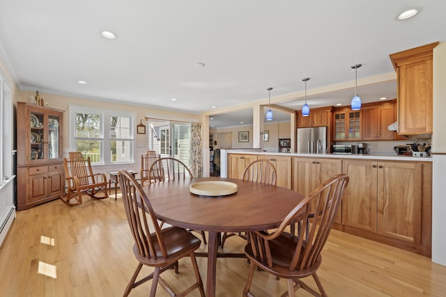 14 Merriconeag Ln, Harpswell, ME 04079 - dining room with ornamental molding, light wood-style floors, and recessed lighting