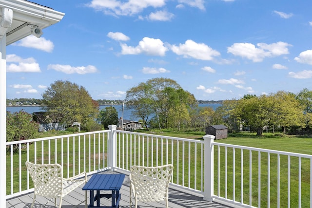 14 Merriconeag Ln, Harpswell, ME 04079 - wooden deck with a water view and a yard