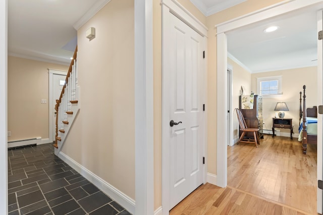 14 Merriconeag Ln, Harpswell, ME 04079 - corridor with a baseboard heating unit, crown molding, stairway, baseboards, and recessed lighting