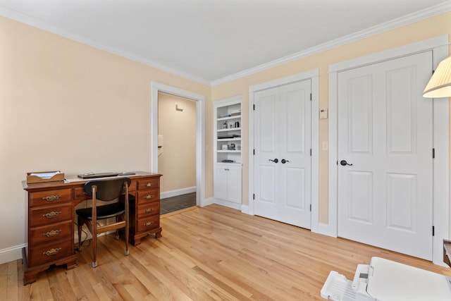 14 Merriconeag Ln, Harpswell, ME 04079 - office area featuring crown molding, baseboards, and light wood-style floors