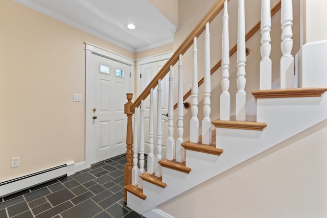 14 Merriconeag Ln, Harpswell, ME 04079 - foyer featuring a baseboard heating unit, recessed lighting, crown molding, and stairs