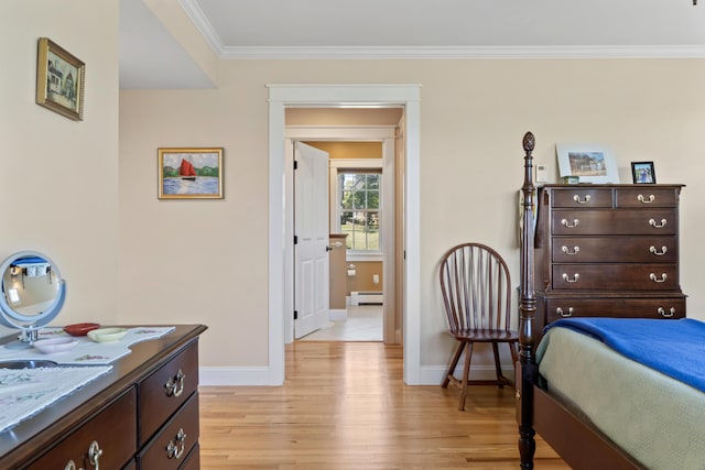 14 Merriconeag Ln, Harpswell, ME 04079 - bedroom with light wood-type flooring, baseboards, baseboard heating, and ornamental molding