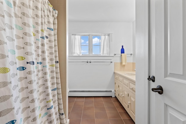 14 Merriconeag Ln, Harpswell, ME 04079 - bathroom featuring baseboard heating, vanity, curtained shower, and tile patterned floors