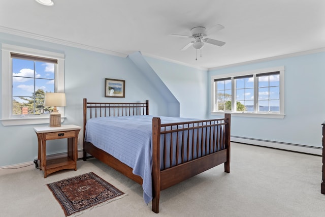 14 Merriconeag Ln, Harpswell, ME 04079 - bedroom with a baseboard radiator, carpet floors, crown molding, baseboards, and ceiling fan