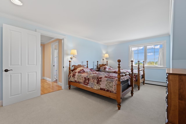 14 Merriconeag Ln, Harpswell, ME 04079 - bedroom featuring a baseboard heating unit, carpet floors, ornamental molding, and baseboards