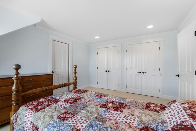 14 Merriconeag Ln, Harpswell, ME 04079 - bedroom with light colored carpet, two closets, baseboards, recessed lighting, and ornamental molding