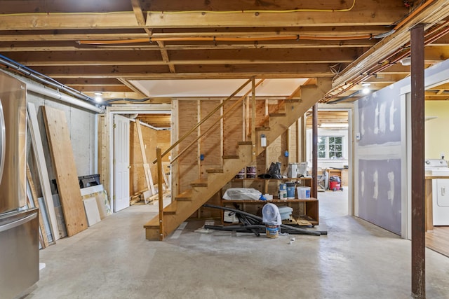 14 Merriconeag Ln, Harpswell, ME 04079 - below grade area featuring washer / dryer and stairway