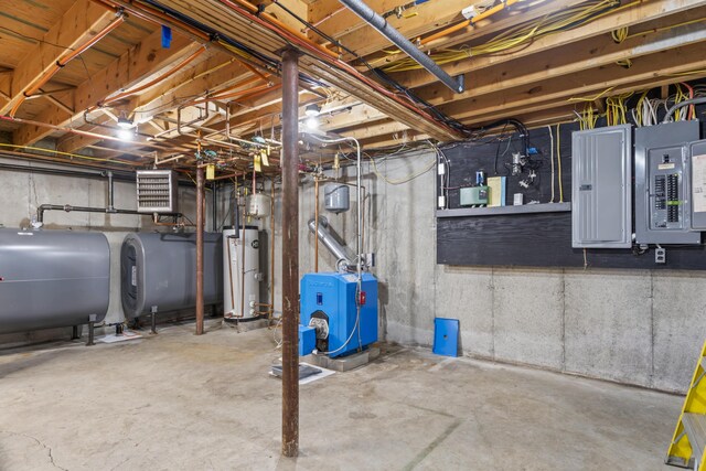 14 Merriconeag Ln, Harpswell, ME 04079 - unfinished basement with oil tank, water heater, a heating unit, and electric panel