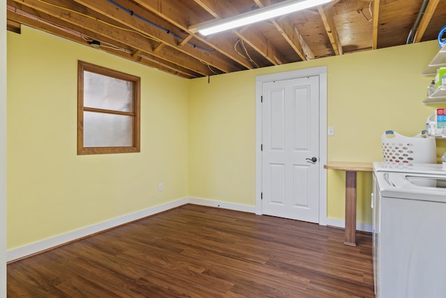 14 Merriconeag Ln, Harpswell, ME 04079 - laundry area featuring baseboards, dark wood-style flooring, and separate washer and dryer