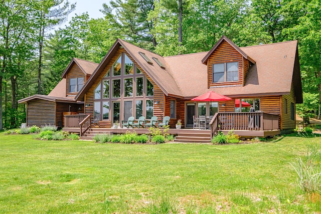 147 Sand Bar Rd, Windham, ME 04062 - back of house featuring a wooden deck, a lawn, and view of scattered trees