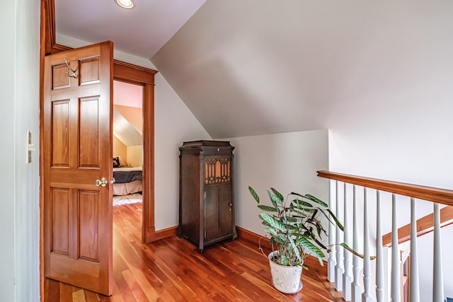 147 Sand Bar Rd, Windham, ME 04062 - hall featuring wood finished floors, lofted ceiling, and recessed lighting