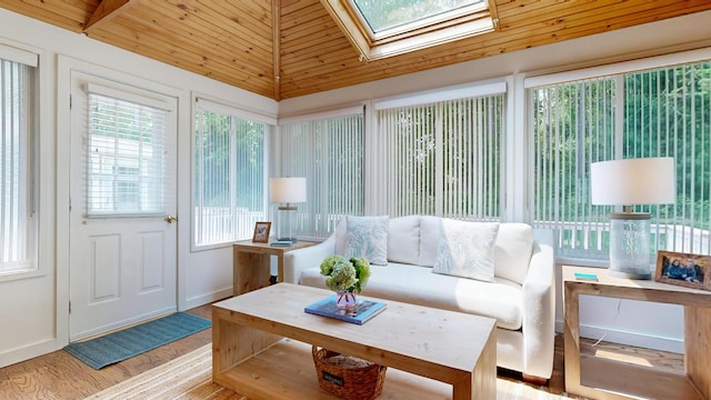 17 Cammock Rd Unit 17, Scarborough, ME 04074 - sunroom with wood finished floors, a skylight, baseboards, wood ceiling, and lofted ceiling