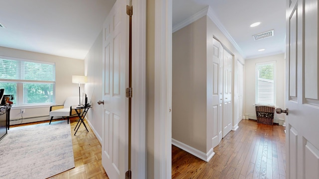 17 Cammock Rd Unit 17, Scarborough, ME 04074 - hall featuring crown molding, baseboards, a baseboard radiator, light wood-style floors, and recessed lighting