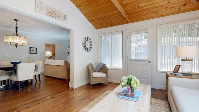 17 Cammock Rd Unit 17, Scarborough, ME 04074 - living area with vaulted ceiling, wood finished floors, baseboards, and wooden ceiling