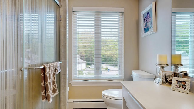 17 Cammock Rd Unit 17, Scarborough, ME 04074 - bathroom with baseboard heating, toilet, vanity, a shower with door, and healthy amount of natural light