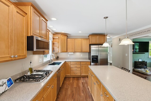 26 Serenity Ln, Topsham, ME 04086 - kitchen featuring stainless steel appliances, a sink, ornamental molding, wood finished floors, and hanging light fixtures