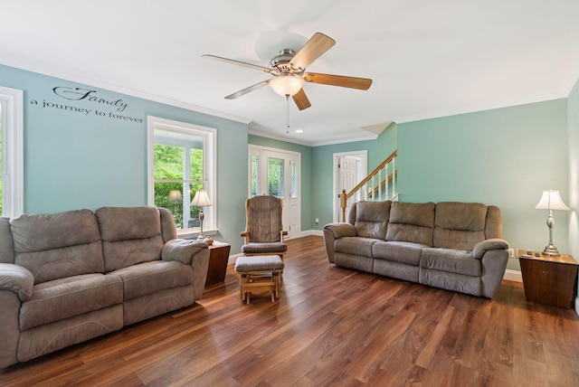 26 Serenity Ln, Topsham, ME 04086 - living room with crown molding, dark wood-type flooring, ceiling fan, stairway, and baseboards