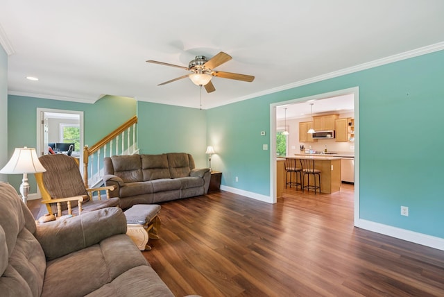 26 Serenity Ln, Topsham, ME 04086 - living area featuring baseboards, ornamental molding, dark wood-style flooring, ceiling fan, and recessed lighting