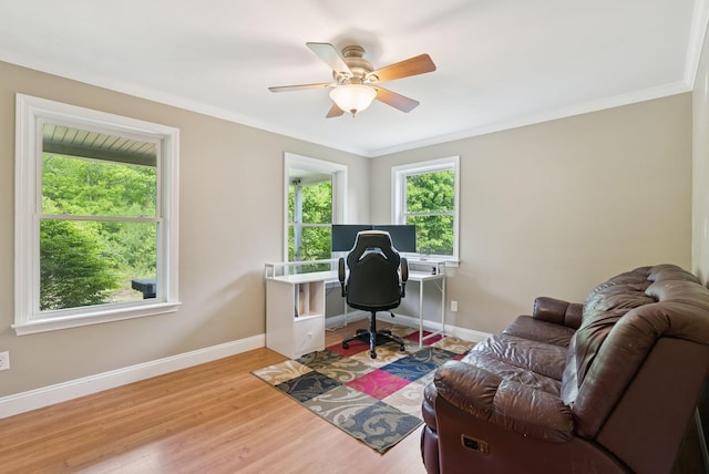 26 Serenity Ln, Topsham, ME 04086 - office area featuring a ceiling fan, wood finished floors, ornamental molding, and baseboards