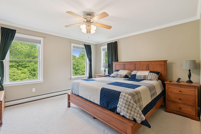 26 Serenity Ln, Topsham, ME 04086 - bedroom featuring baseboard heating, multiple windows, carpet, ornamental molding, and ceiling fan