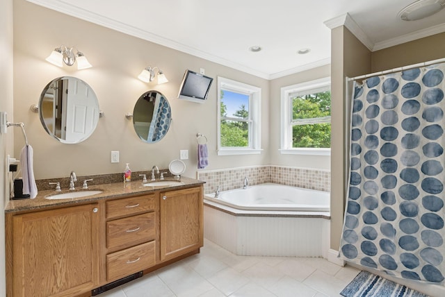 26 Serenity Ln, Topsham, ME 04086 - full bathroom with double vanity, tile patterned flooring, a bath, curtained shower, and ornamental molding
