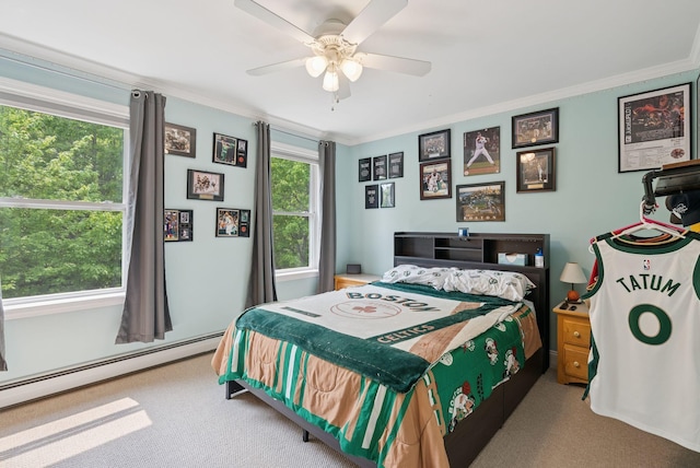 26 Serenity Ln, Topsham, ME 04086 - bedroom with carpet floors, crown molding, baseboard heating, and ceiling fan