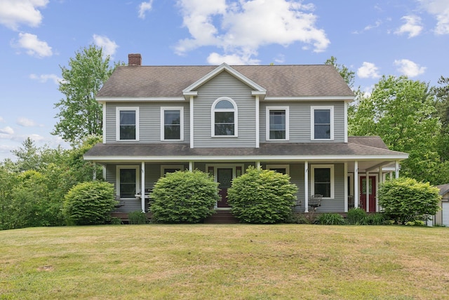 26 Serenity Ln, Topsham, ME 04086 - colonial-style house featuring a porch, a chimney, and a front lawn