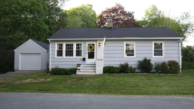 23 Rudman Rd, Portland, ME 04102 - single story home with entry steps, dirt driveway, a chimney, an outdoor structure, and a detached garage