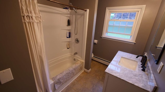 23 Rudman Rd, Portland, ME 04102 - full bath featuring baseboard heating, vanity, shower / tub combo, toilet, and baseboards