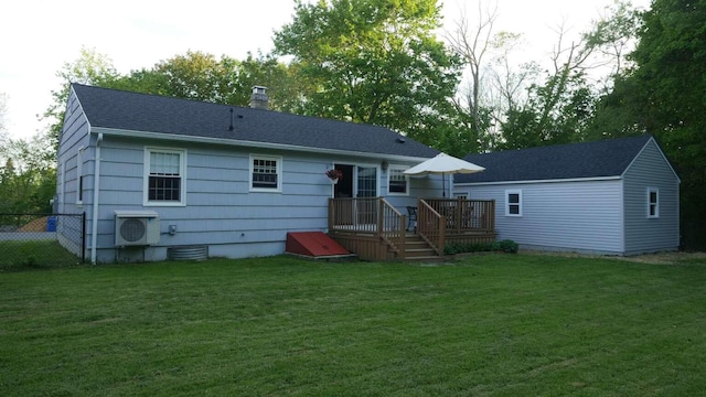 23 Rudman Rd, Portland, ME 04102 - rear view of house featuring a chimney, a wooden deck, ac unit, and a shingled roof