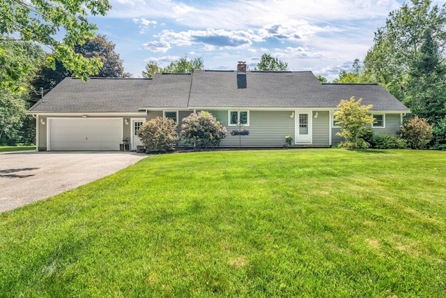 60 Evergreen Dr, Hermon, ME 04401 - view of front of home with asphalt driveway, an attached garage, a chimney, a front yard, and roof with shingles