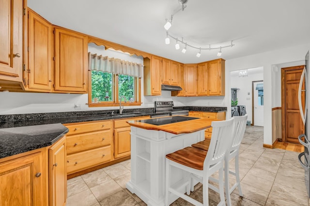 60 Evergreen Dr, Hermon, ME 04401 - kitchen with light tile patterned floors, black range with electric cooktop, a kitchen island, open shelves, and under cabinet range hood