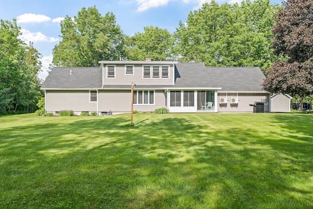 60 Evergreen Dr, Hermon, ME 04401 - rear view of house with a lawn, a sunroom, and a chimney
